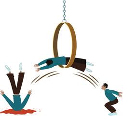 We can't do what we can't do. Somebody got in way over his head. Failure in getting success. Unsuccsessful attempt or challenge. Jump through a hanging ring. Vector illustration in cartoon style.