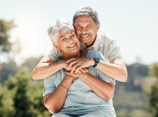 Senior couple, portrait and hug in nature on vacation, holiday or summer bonding. Face, hugging and...