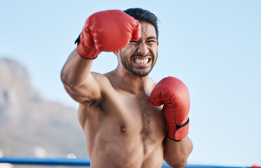 face, man or angry boxer punching in training, exercise or workout with strong boxing power...