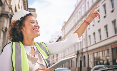 Happy woman, architect and tablet pointing in city for construction, building or outdoor planning on site. Female person, engineer or contractor smile and technology for industrial urban architecture