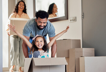 Happy family, real estate and moving in new home playing with box for property, mortgage loan or...
