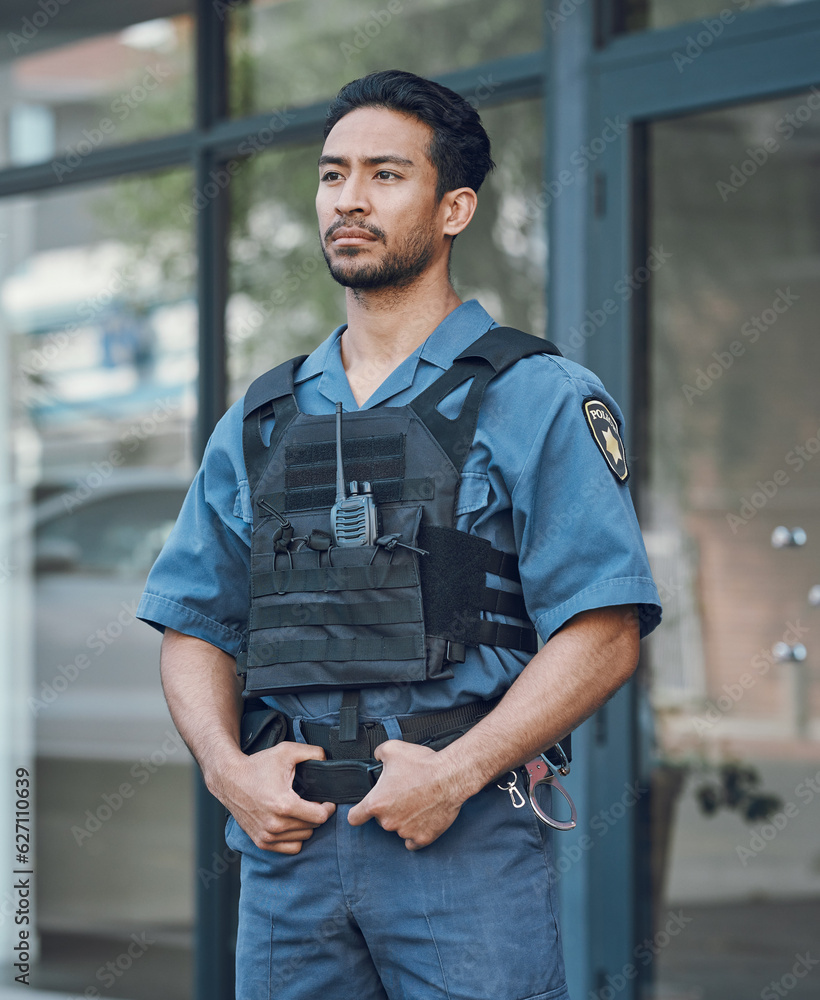 Poster Security, police officer and man in uniform in city for defense, inspection and supervision on patrol. Surveillance, law enforcement and male person in town for safety, crime and protection service