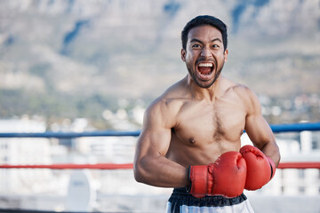 Portrait, man or angry face of boxer in training or exercise with testosterone or strong power in...