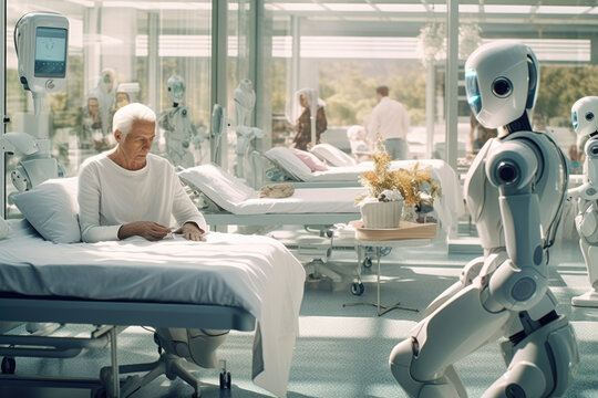 Future Elderly Care. Cyborg Robots monitoring vital signs and administering medication bedridden seniors in a nursing home or hospital. Healthcare and technological innovation concept. AI Generative