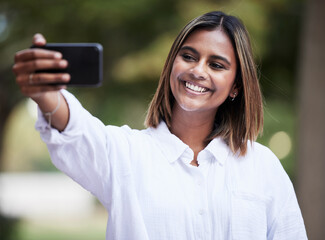 Selfie, smile and student with woman in park for social media, relax and happy. College campus,...