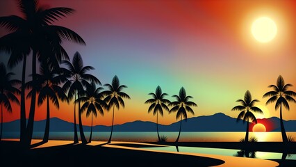 Fototapeta na wymiar Photo of a vibrant sunset over a tropical landscape with towering palm trees