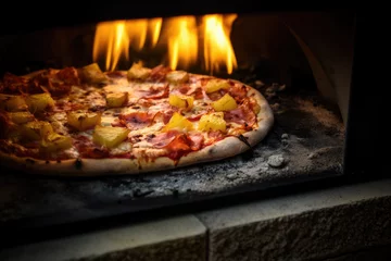 Foto op Plexiglas Savoring the Tropical Flavor: Pineapple and Ham Pizza from Wood-fired Oven. AI Generative. © Mr. Bolota