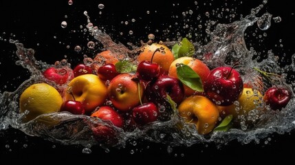 fruits fall into a water splash