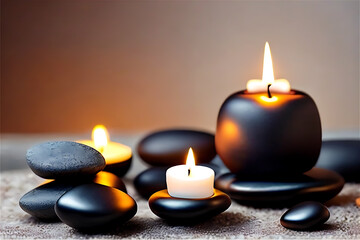 On the spa idea table, there are zen stones, orchids, and fragrant candles. Stunning spa environment. Stone therapy. candle-lit spa with black stones, flowers, and candles. Generative AI.