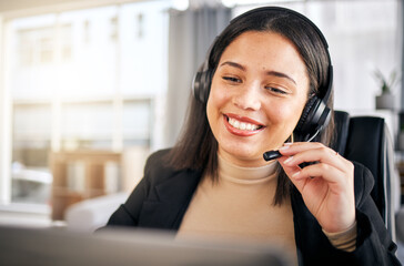 Happy woman, call center and headphones for customer service, telemarketing or support at the office. Face of friendly female person, consultant or agent smile for online advice or help at workplace - obrazy, fototapety, plakaty