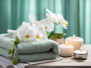 Obraz na płótnie Canvas Serene Relaxation Haven. Empty background with a massage table adorned with towels, candles, flowers and aromatherapy oils. Copy space for text. Spa retreat, wellness AI Generative 
