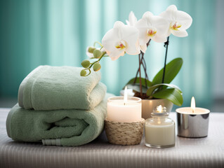 Fototapeta na wymiar Serene Relaxation Haven. Empty background with a massage table adorned with towels, candles, flowers and aromatherapy oils. Copy space for text. Spa retreat, wellness AI Generative 
