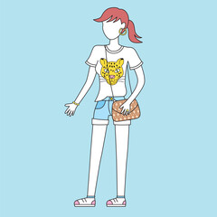 Fashion model girl wearing a white t-shirt with a leopard face print, jeans shorts, sneakers and shoulder bag, vector illustration.