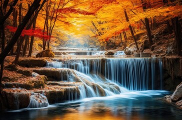 Waterfall in the autumn forest, generative ai