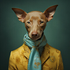 portrait: dog wearing scarf and smoking jacket - obrazy, fototapety, plakaty