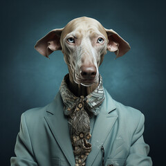 portrait: weimaraner dog in fancy dress - obrazy, fototapety, plakaty