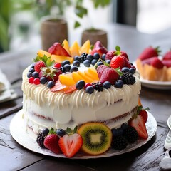 cream cake topped with fruit on a plate.