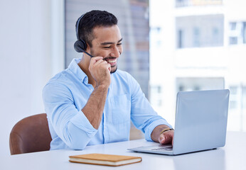 Call center, laptop and man, agent or consultant talking, typing and technical support, advice or service in office. Happy web advisor, callcenter worker or asian person speaking or help on computer