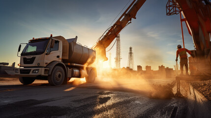 Industrial Progress: Sunrise Construction with Concrete Mixer Truck - Ai Generative - obrazy, fototapety, plakaty