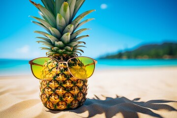 Pineapple as a symbol of tropical relaxation. Background with selective focus and copy space