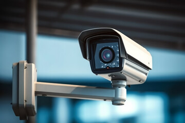 External surveillance camera of the perimeter. Background with selective focus. AI generated, human enhanced