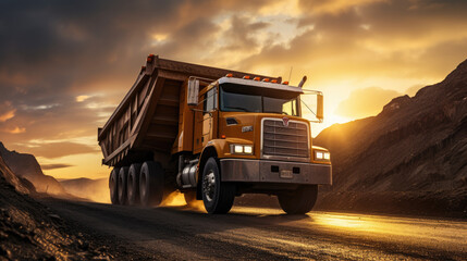 Construction Canvas: Explore the Artistry of Industry with a Wide and Low-Angle Photo, Showcasing a Dump Truck Unloading Gravel Against the Mesmerizing Backdrop of a Sunset.





