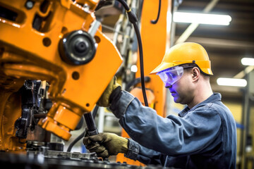 Engineer checking and controlling automated robotic arms in industrial factory with welding robotics. AI generated