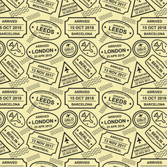 Obraz premium Monochrome Pattern. Stamps Of Different Countries. Travel Background Concept. Vector Illustration