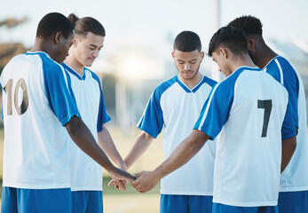 Stadium, support or soccer team praying in match for solidarity, motivation or mission in sports...