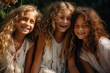 Obraz premium Three happy girl friends in its 10s enjoying themselves in the park