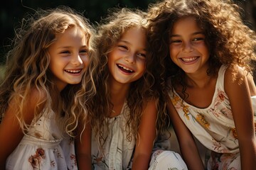 Fototapeta premium Three happy girl friends in its 10s enjoying themselves in the park