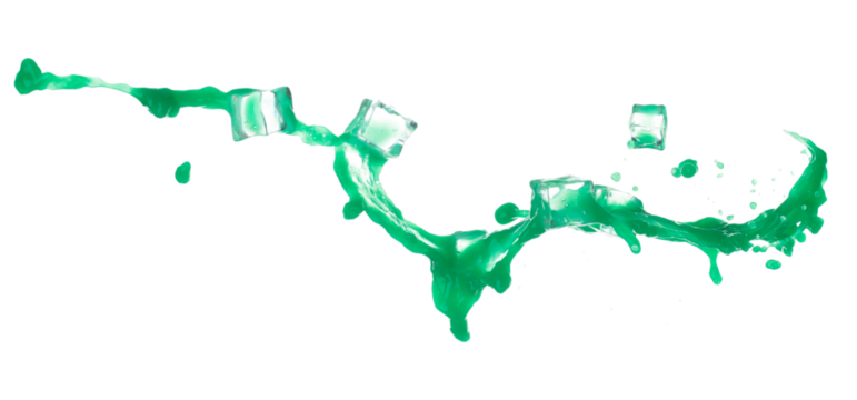 Green paint liquid fly in mid air with ice cube cool, apple vegetable juice falling scatter, explosion float in shape form droplet line. White background isolated freeze motion high speed shutter