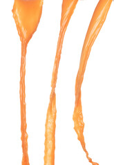Orange Juice pouring down in Shape form line. Orange juicy fluttering explosion in air, liquid water splash spill like explosion droplet. White background isolated, stop motion freeze shot.