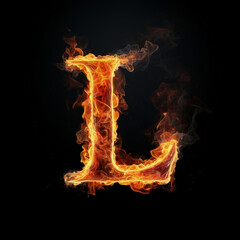 Capital letter L consisting of a flame. Burning letter L. Letter of fire flames alphabet on black background.