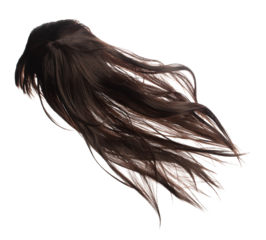 Long straight Wig hair style fly fall explosion. Brown woman wig hair float in mid air. Straight brown wig hair wind blow cloud throw. White background isolated high speed freeze motion