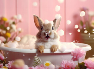 Fantasy rabbit in a rose bathroom. 3D. Generated with AI technology