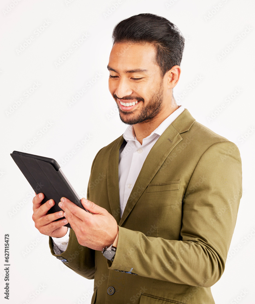 Aufkleber asian man, business and tablet in studio for online planning, stock market research and internet inf