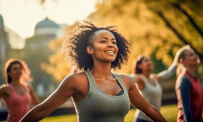 Group of multiethnic women stretching arms outdoor. Yoga class doing breathing exercise at park. Beautiful  fit women doing breath exercise together with outstretched arms.  - obrazy, fototapety, plakaty