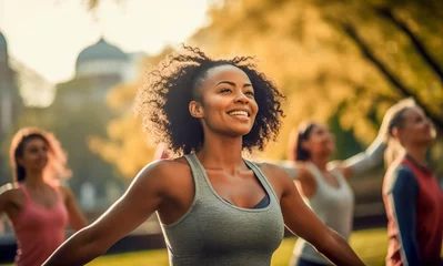 Tuinposter Group of multiethnic women stretching arms outdoor. Yoga class doing breathing exercise at park. Beautiful  fit women doing breath exercise together with outstretched arms.  © Viks_jin