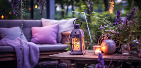 Fototapeta na wymiar Cozy Outdoor living. Living corner in the garden outside the house. Summer evening on the patio or terrace of suburban house with flowers, candles and lantern in the garden, digital ai art 