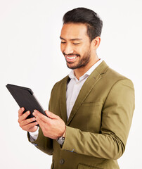 Asian man, business and tablet in studio for online planning, stock market research and internet info on white background. Happy trader, digital technology and network connection for app on website