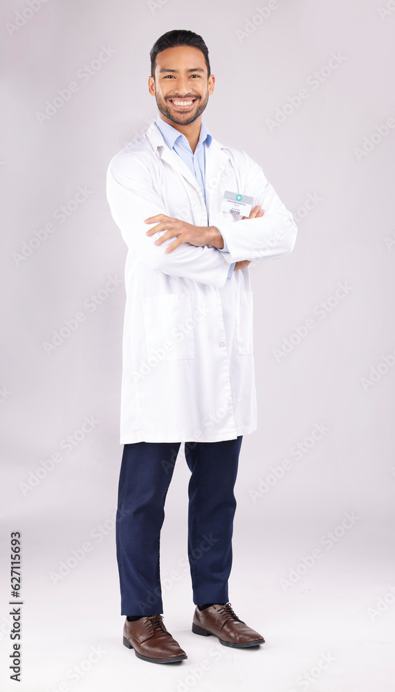 Poster portrait, man and happy scientist with arms crossed in studio isolated on a white background. confid