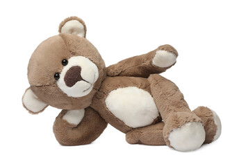 Cute teddy bear lying on white background