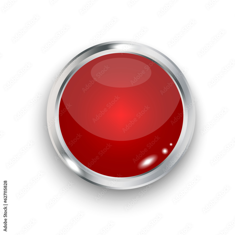Poster red round button with metallic border. vector illustration. eps 10.