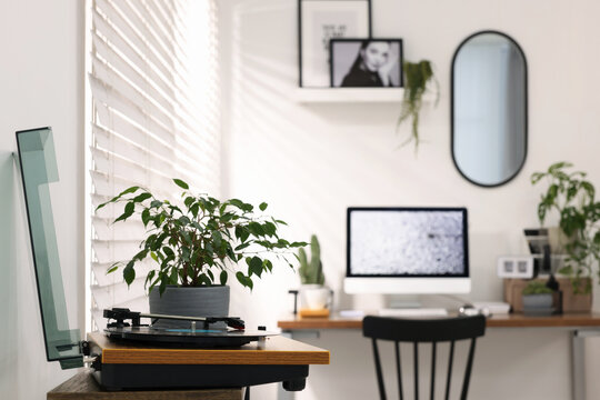 Record player and houseplant near cozy workplace at home
