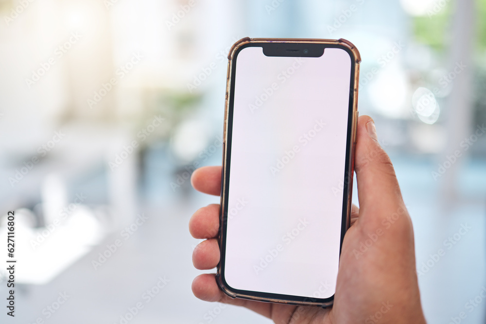 Poster hand, blank phone screen and business man with mock up space, web design or ux for mobile app logo i