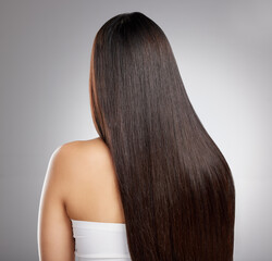 Hair, back and woman with beauty and salon hairstyle, cosmetic care and elegance isolated on studio...