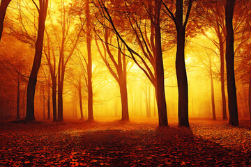 Beautiful autumn forest against the backdrop of the setting sun and fog. AI-generated