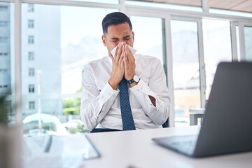 Sick, allergy and blowing nose with business man in office for flu illness, hayfever and sneeze. Allergies, virus and sinus with employee and sneezing with tissue for influenza, cold and healthcare - Powered by Adobe