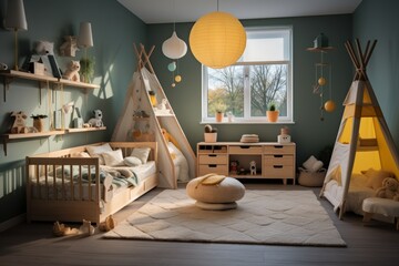 Kids Bedroom. Colorful Nursery Room Interior. Nursery Room Interior With a Copy Space. Modern style Nursery Bedroom. children's room interior. Nursery Interior. Made With Generative AI.
